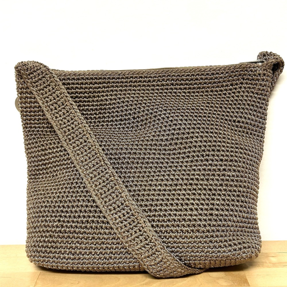 Vtg Y2k The Sak Crossbody Bag Brown Crochet Boho Chic Minimalist Neutral Capsule